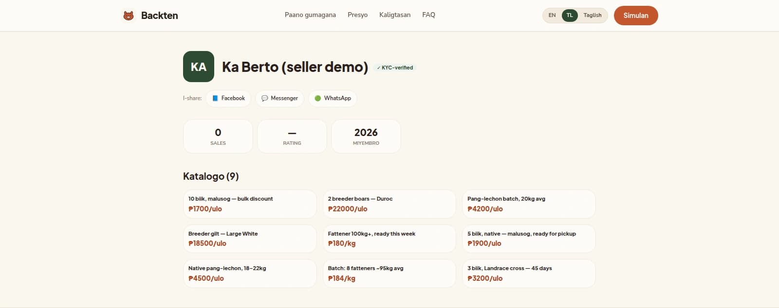 Screenshot of a server-rendered seller storefront page on the Backten landing site, in a warm off-white theme. The top bar shows a pig-face logo mark beside the wordmark "Backten" at left; centered navigation links "Paano gumagana", "Presyo", "Kaligtasan" and "FAQ"; and at right a pill-shaped language toggle reading "EN | TL | Taglish" with "TL" filled in dark green as the active choice, followed by a rounded terracotta "Simulan" button. Below a hairline divider, the storefront header shows a dark-green rounded-square avatar with the initials "KA", the heading "Ka Berto (seller demo)", and a pale mint badge reading "✓ KYC-verified". Under that, a row labelled "I-share:" offers rounded share chips for Facebook, Messenger, and WhatsApp. Next is a row of three rounded stat cards: "0 / SALES", an em dash "—" / "RATING", and "2026 / MIYEMBRO". Below that the section heading "Katalogo (9)" introduces a three-column grid of nine rounded listing tiles, each with a title line and a terracotta price line — "10 biik, malusog — bulk discount" at ₱1700/ulo, "2 breeder boars — Duroc" at ₱22000/ulo, "Pang-lechon batch, 20kg avg" at ₱4200/ulo, and six more down to "3 biik, Landrace cross — 45 days" at ₱3200/ulo. No photographs appear on the tiles; each is text only. The interface copy mixes Tagalog and English.