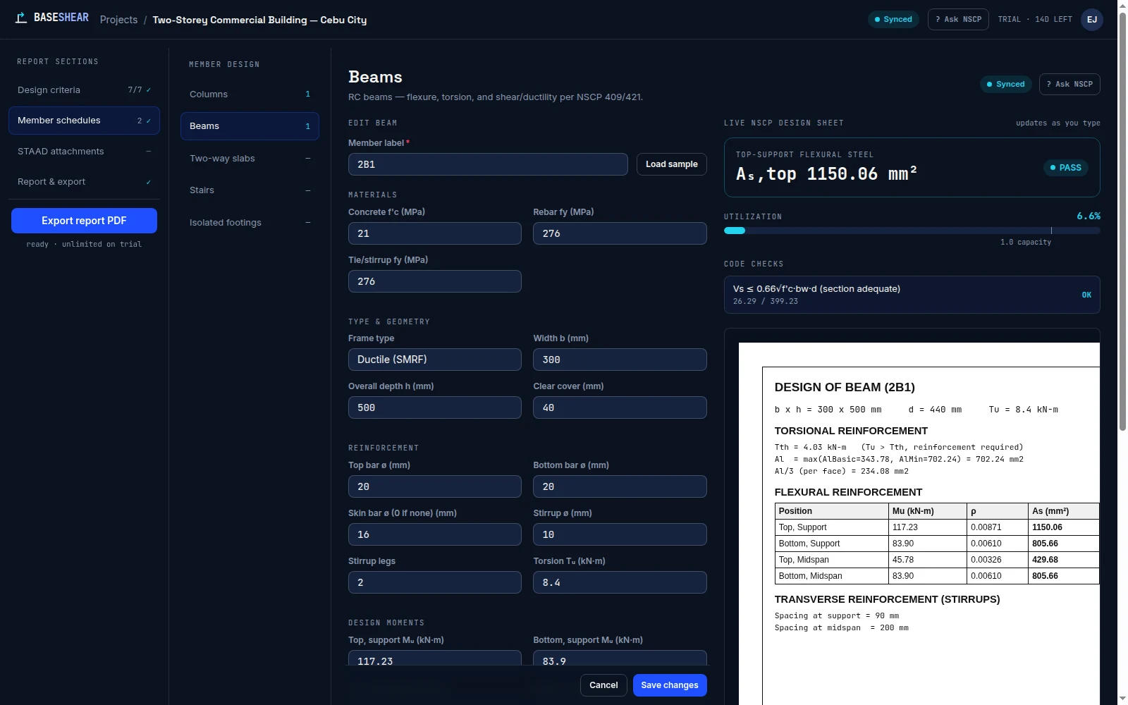 Beam member design screen for member 2B1 (300x500 mm, Ductile SMRF frame) with geometry, materials and reinforcement fields on the left, and a live NSCP design sheet on the right showing 'As,top 1150.06 mm²' with a PASS badge, 6.6% utilization, and a flexural/torsional reinforcement table with a stirrup spacing schedule.
