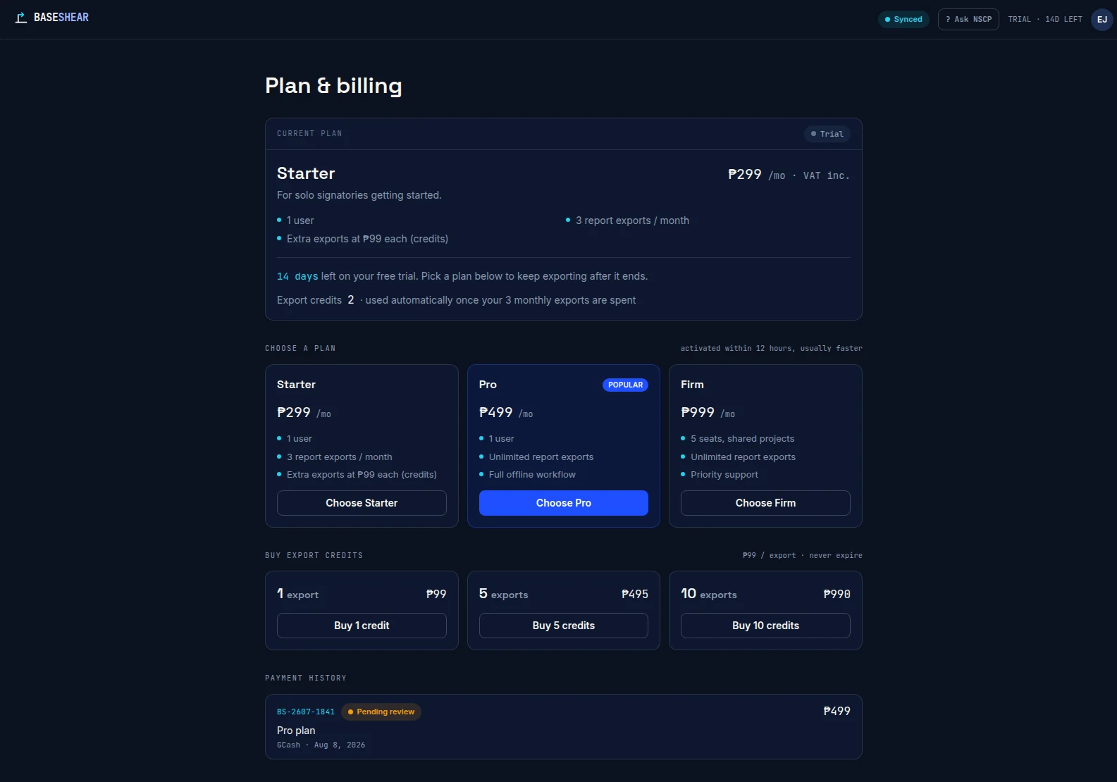 Plan & billing screen: a Starter trial card with 14 days left and 2 export credits, three pricing tiers — Starter ₱299/mo, Pro ₱499/mo marked Popular with unlimited exports and full offline workflow, and Firm ₱999/mo for 5 seats — plus pay-per-export credit packs and a payment-history row for a ₱499 GCash Pro-plan payment marked Pending review.