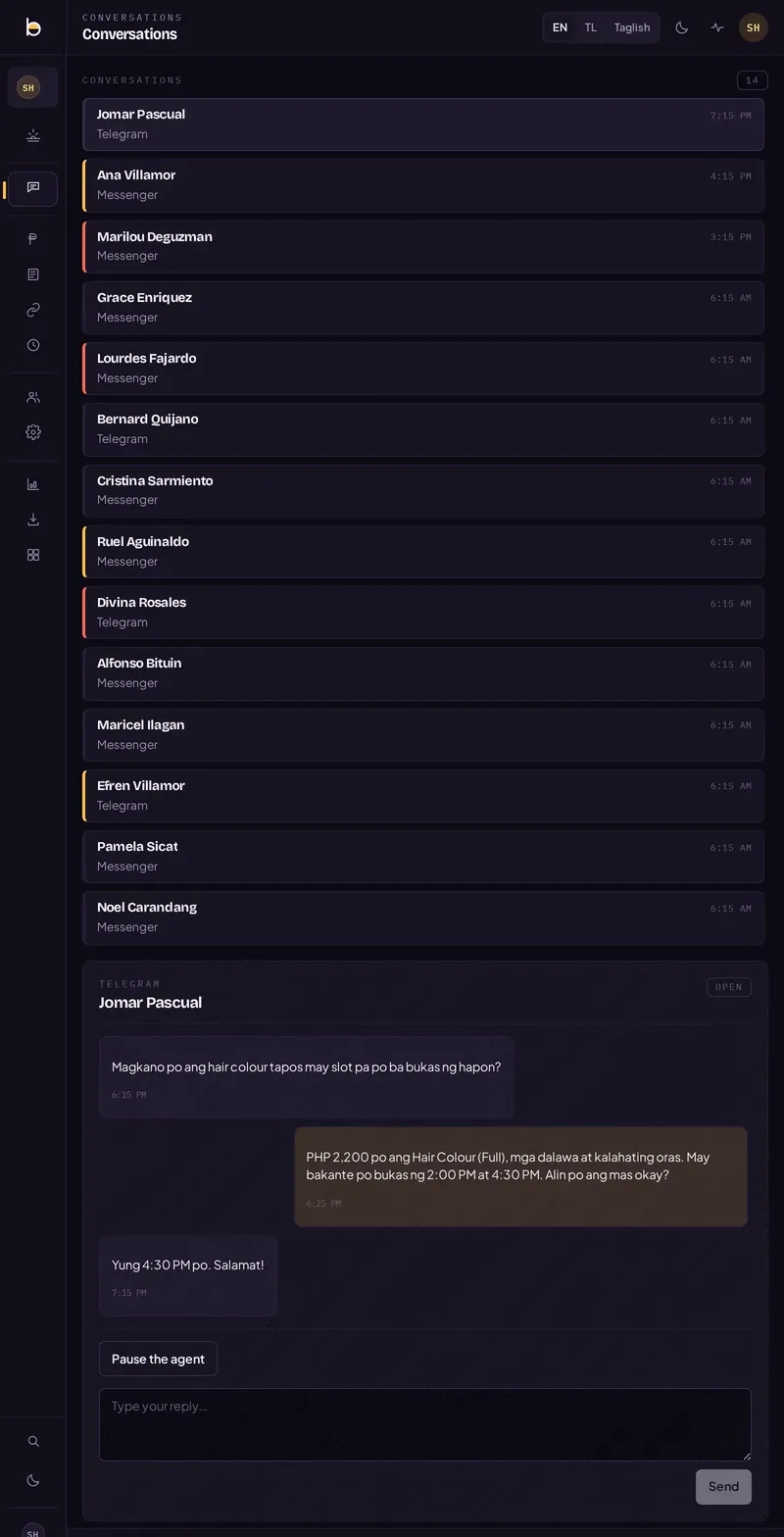 The same Conversations screen reflowed to an 800px-wide single column. The sidebar has collapsed to a narrow icon rail — the brand mark and account avatar at top, a stack of unlabelled nav icons below, and search and theme icons at the bottom — and the right-hand Agent rail has dropped away entirely. The top bar reads 'CONVERSATIONS / Conversations' with the EN/TL/Taglish toggle, a moon icon, an activity icon and the avatar. Below it, the full 'CONVERSATIONS 14' thread list stacks top to bottom with the same names, channel labels, timestamps and coloured urgency spines as the wide layout, and directly beneath the list the open Telegram thread with Jomar Pascual continues in the same column: the 'OPEN' badge, the same three-message exchange about the hair-colour price and the 4:30 PM slot, the 'Pause the agent' button, the reply composer and the Send button.