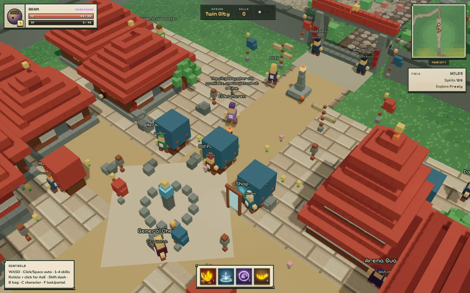 Twin City plaza overview: the player character Bram, an Embermage, standing near a fountain and waystone circle in a red-roofed town square, with named NPCs Elder Maren, Captain Li and Warden nearby, a minimap top-right, the region label 'Twin City', HP/XP bars, and the four-slot ability bar.