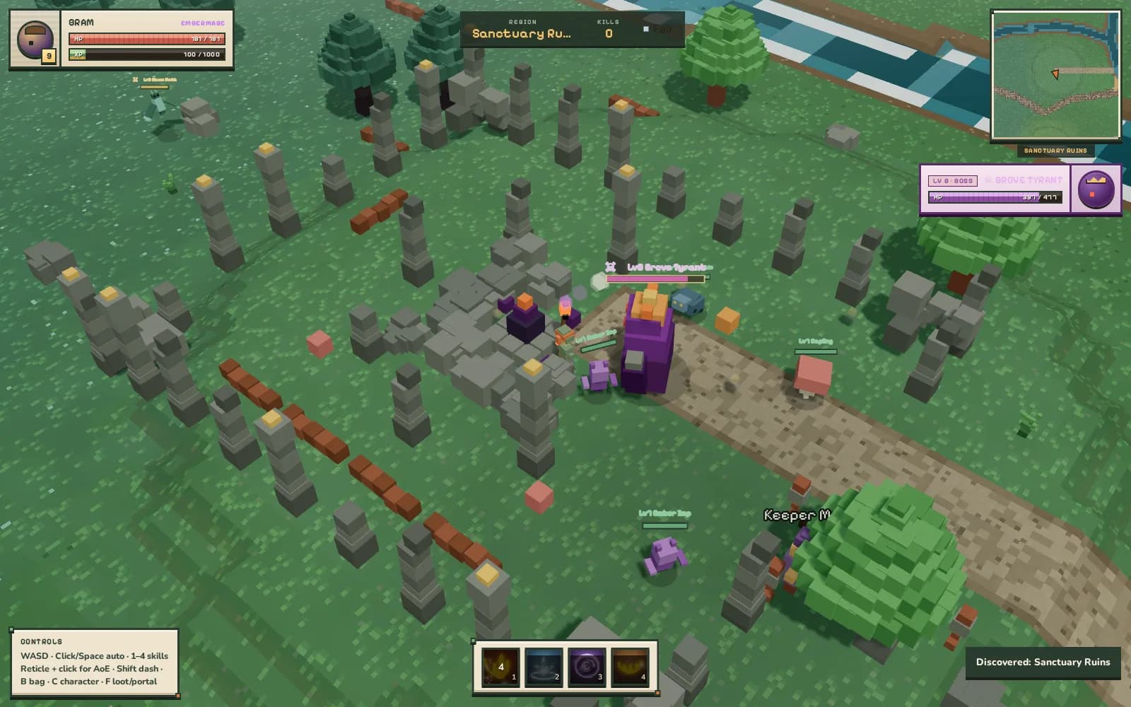 Grove Tyrant world-boss encounter at Sanctuary Ruins: a purple boss unit standing among stone pillar ruins, a boss unit-frame top-right reading 'LV 8 · BOSS Grove Tyrant' with HP at 391 of 477 from real combat damage, the player's own HP/XP bars, a minimap, and the region label 'Sanctuary Ruins'.