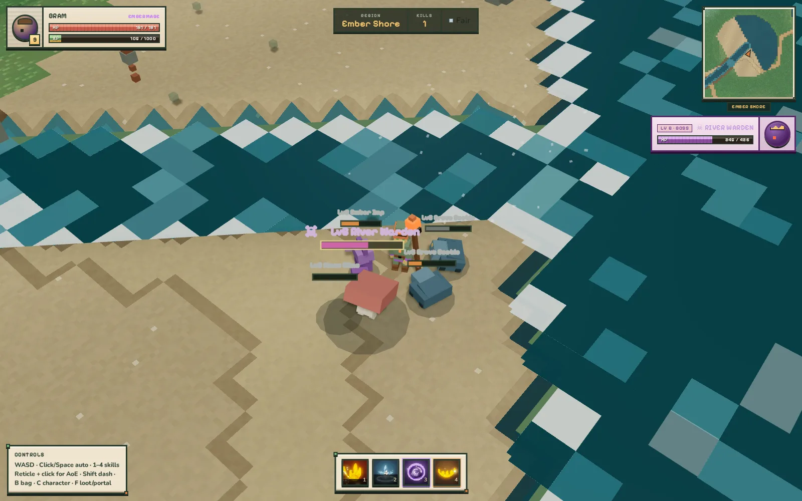 River Warden boss fight at Ember Shore, seen from a closer orbit camera: the player engaging a purple River Warden boss alongside an Ember Imp, a Moss Slime and two Grove Beetles on a sandy shoreline with water tiles behind, a boss unit-frame top-right correctly reading 'LV 8 · BOSS RIVER WARDEN', and the region label 'Ember Shore'.