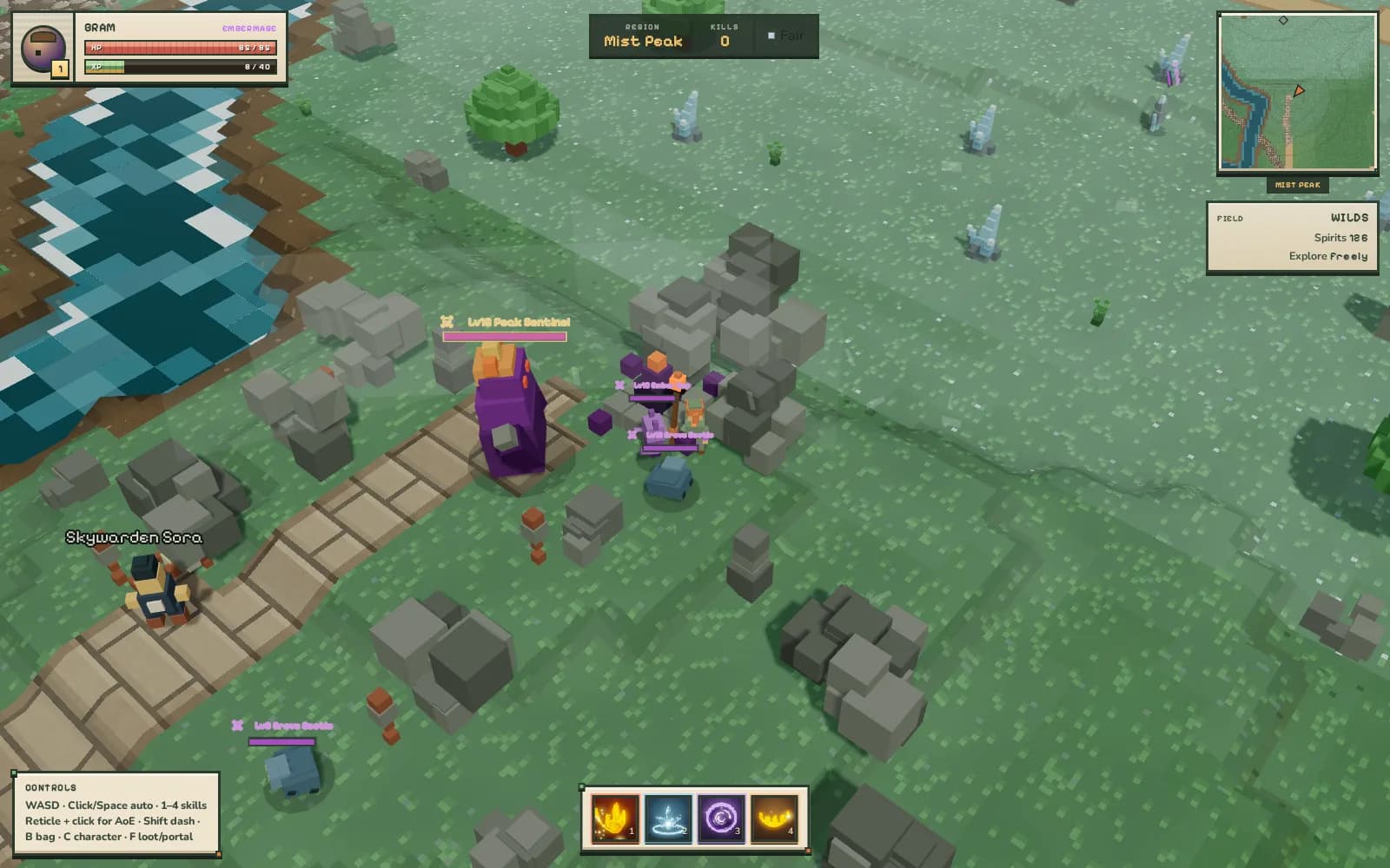 Mist Peak vista: the player character on a stone path overlooking a wide grassy highland with a lake to the left, encountering the Peak Sentinel boss alongside an Ember Imp and a Grove Beetle, all with visible nameplates and HP bars, and the region label 'Mist Peak'.