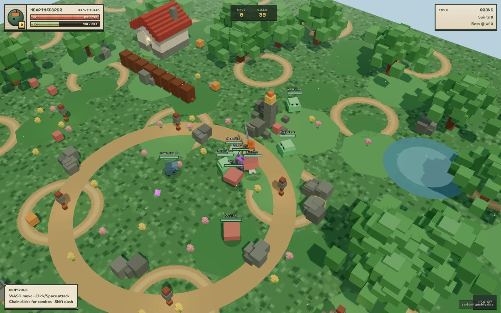 In-game combat capture at 1600 by 1000, wave 8 of an Embervale run. The top-left HUD is a cream pixel-art panel: a square portrait tile at its left with a small green level badge reading 9 beneath it, the name "HEARTHKEEPER" in dark pixel type with "GROVE GUARD" as a smaller right-aligned subtitle, then two stacked meters — a red HP bar reading 196 / 196 and a green XP bar reading 108 / 264. A dark scoreboard slab sits centred at the top of the frame with two columns: "WAVE 8" and "KILLS 33", the numbers in large orange pixel digits. At the top right, a cream panel headed "FIELD / GROVE" lists "Spirits 9" and "Boss @ W10". The world below is a green voxel grove seen from a high angled top-down camera: a white cottage with a red stepped roof near the top left, a straight brown fence running diagonally away from it, sand-coloured ring paths looping through the grass, grey boulder clusters, dark green cube tree canopies filling the right third, pink and yellow flower voxels, orange crate cubes, and a large pale blue translucent pond on the right. Just left of centre the player character stands mid-swing with a grey sword raised above its head, hemmed in on all sides by a tight cluster of enemy units — red, green, purple and blue voxel bodies — each under a small white floating nameplate with a thin health bar. Legible nameplates read "Moss Slime" three times, "Ember Imp", "Sapling" twice, and "Grove Beetle" on a blue beetle standing apart to the left. Another green Moss Slime waits near a rock formation to the upper right and one more Sapling stands alone on the path below the cluster. A dark toast reading "+34 XP" sits at the bottom right above a small "carlomigueldy.dev" watermark. A cream control legend at the bottom left reads "CONTROLS / WASD move · Click/Space attack / Chain clicks for combos · Shift dash".