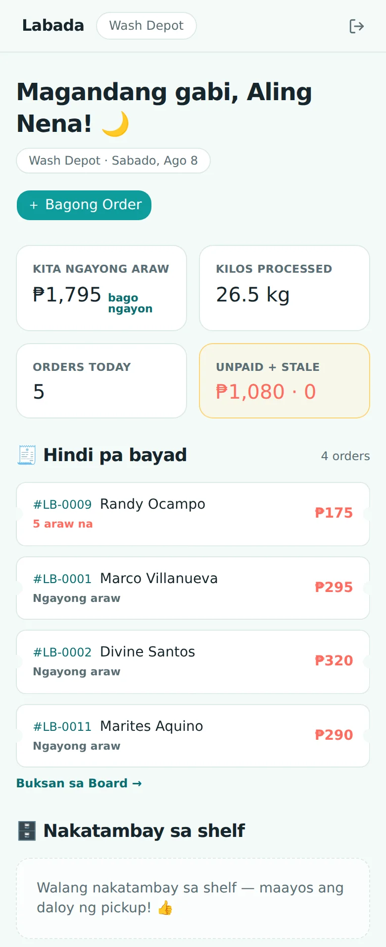Dashboard greeting 'Magandang gabi, Aling Nena! 🌙' with chip 'Wash Depot · Sabado, Ago 8' and a '+ Bagong Order' button; stat cards KITA NGAYONG ARAW ₱1,795, KILOS PROCESSED 26.5 kg, ORDERS TODAY 5, UNPAID + STALE ₱1,080 · 0; a 'Hindi pa bayad' list of four orders — #LB-0009 Randy Ocampo ₱175 '5 araw na', #LB-0001 Marco Villanueva ₱295, #LB-0002 Divine Santos ₱320, #LB-0011 Marites Aquino ₱290 — each with 'Buksan sa Board →'; and a 'Nakatambay sa shelf' card reading 'Walang nakatambay sa shelf — maayos ang daloy ng pickup! 👍'.