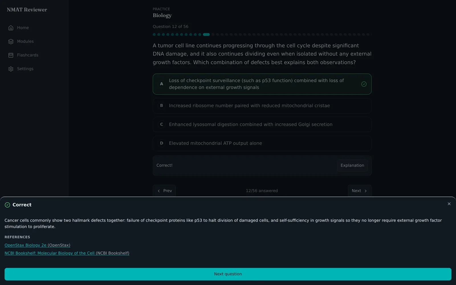 The same Biology question after answering: option A outlined green with a check, the other options dimmed, a Correct banner, and an open drawer with the full explanation, references to OpenStax Biology 2e and NCBI Bookshelf, and a Next question button.