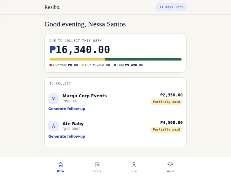 Mobile dashboard headed 'Good evening, Nessa Santos' showing a 'Due to collect this week ₱16,340.00' card with an Overdue/Due/Paid progress bar, and a 'To collect' list with two customer rows, Marga Corp Events ₱2,350.00 and Ate Baby ₱4,500.00, each with a 'Generate follow-up' link.