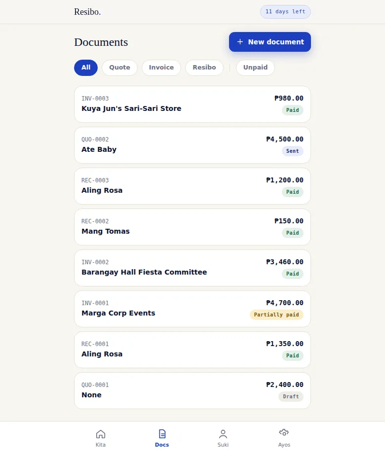 Documents list screen with filter chips for All, Quote, Invoice, Resibo and Unpaid, a 'New document' button, and 8 documents each showing a number, customer, amount, and a status badge — Paid, Sent, Partially paid or Draft.