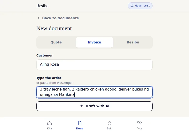 New document form on the Invoice tab with customer 'Aling Rosa' entered, a Taglish order typed into the 'Type the order' textarea, and an enabled 'Draft with AI' button below it.