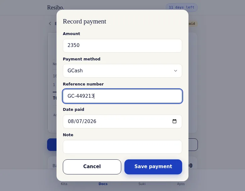 A 'Record payment' modal dialog over a dimmed invoice detail page, with fields for Amount, Payment method set to GCash, Reference number, Date paid, and Note, plus Cancel and Save payment buttons.